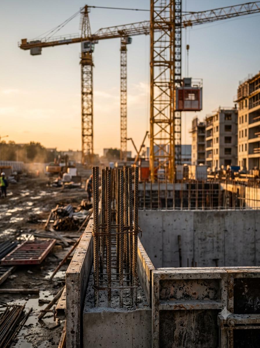 Canteiro de obras da construção civil com estruturas em andamento